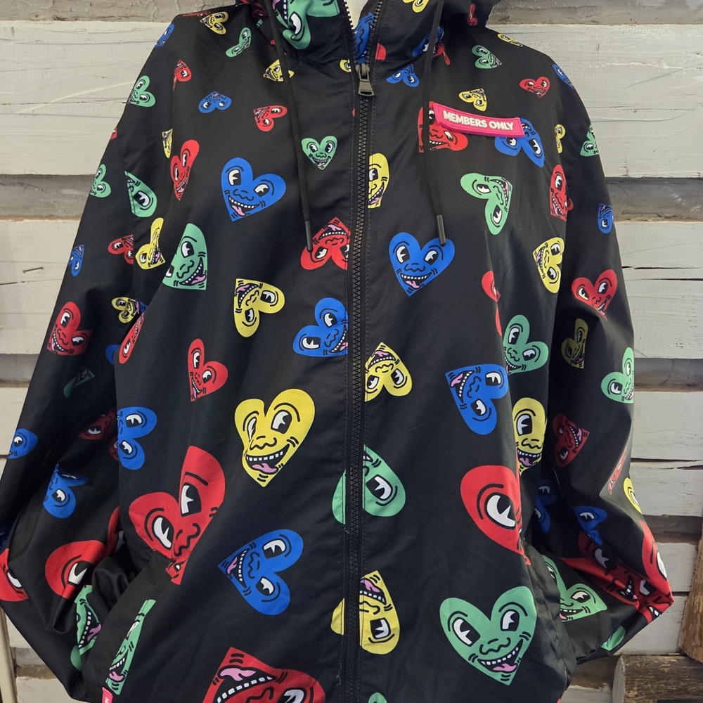 Members Only Black Jacket with Colorful Heart Faces